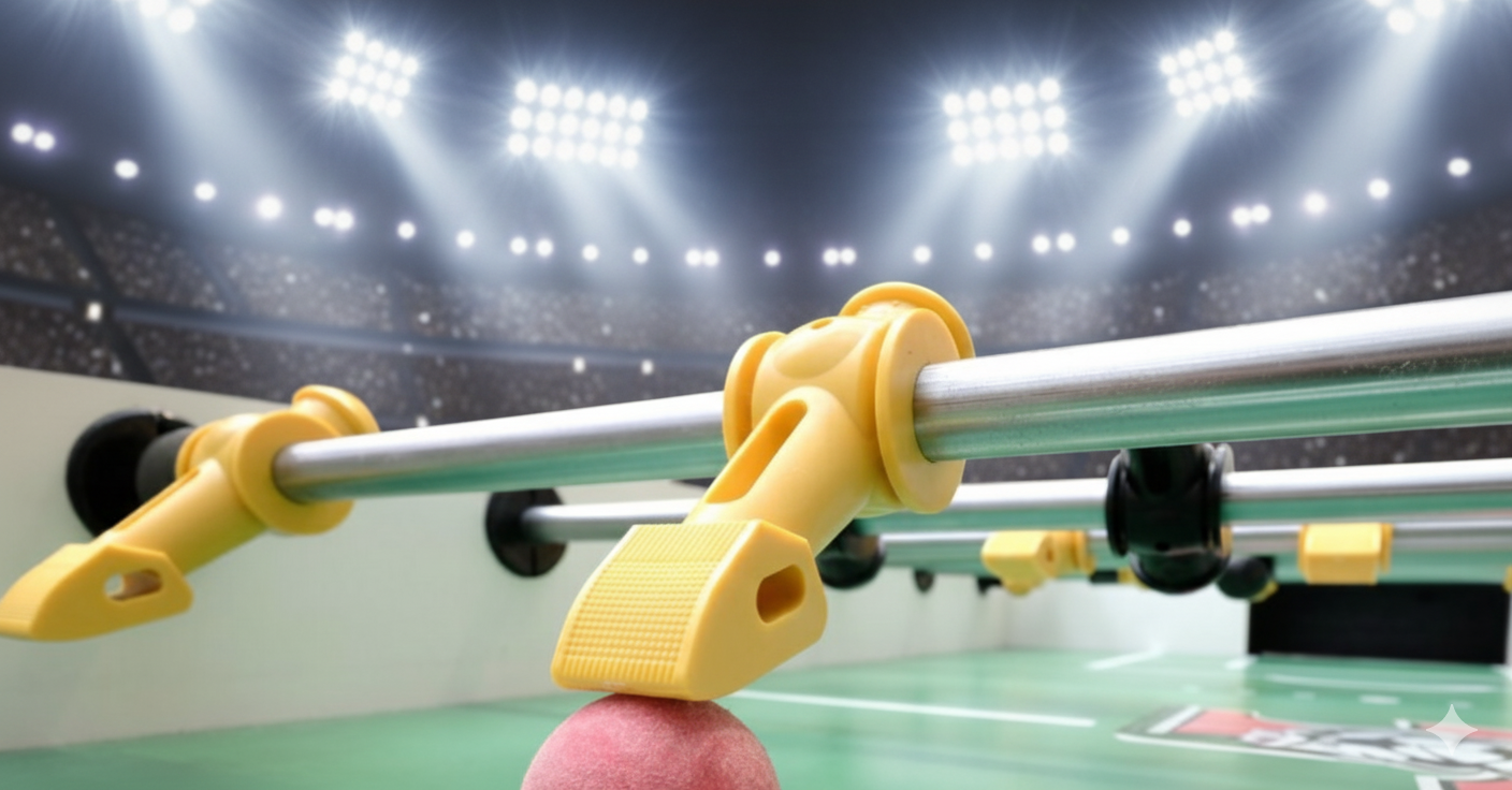 Professional foosball tournament in stadium with dramatic lighting